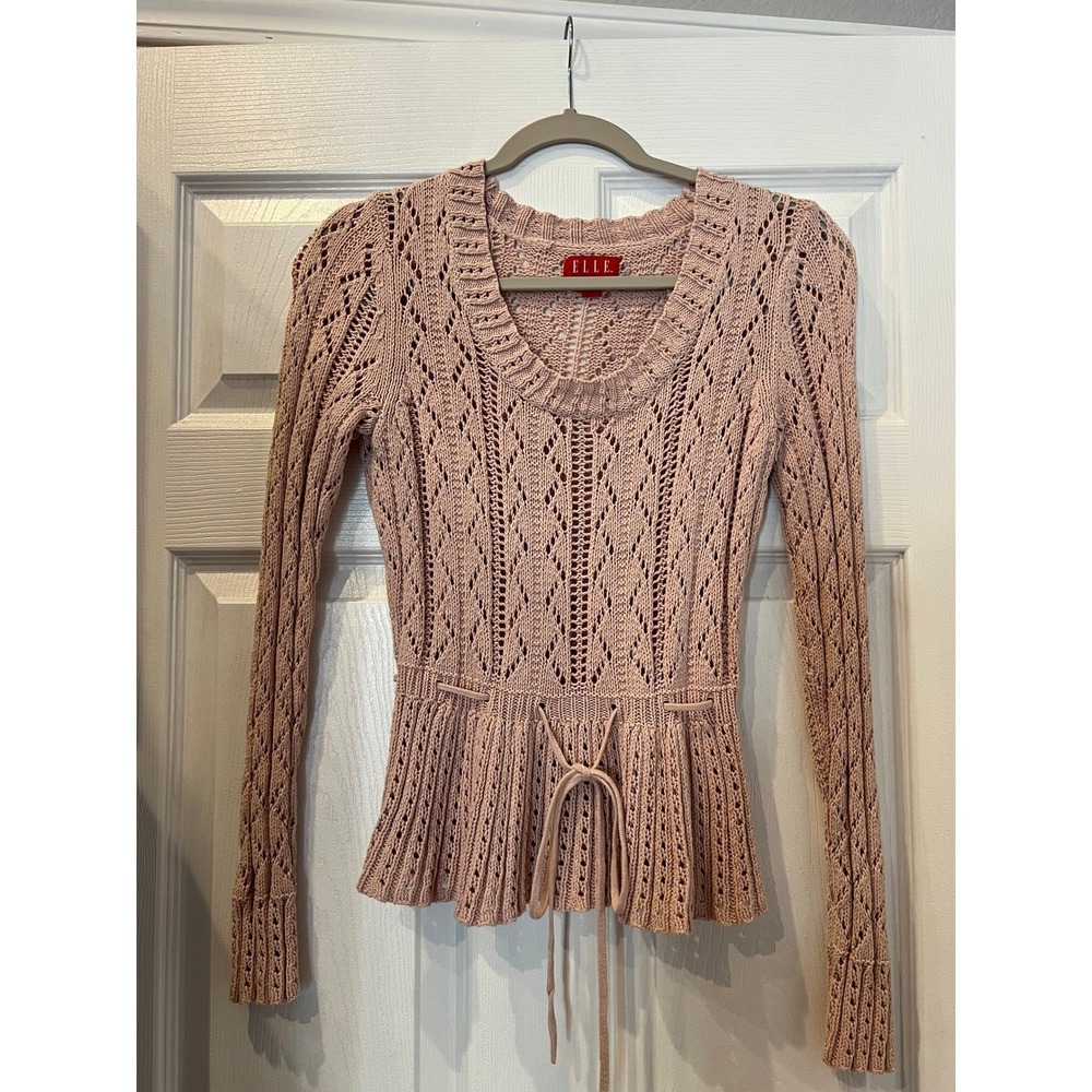 ELLE Peplum Sweater Pink Cotton Blend Pointelle Knit Coquette Balletcore